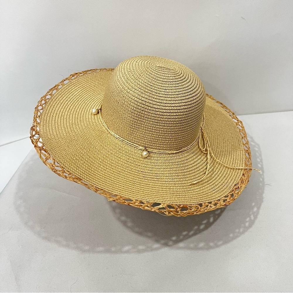 Sun Hat Faux Pearls Details Around Packable Tan Light Brown - Picture 6 of 9